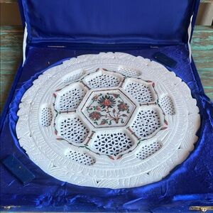 Indian PIERTRA DURA ART VINTAGE Marble or Soapstone Round Inlay Plate Decor